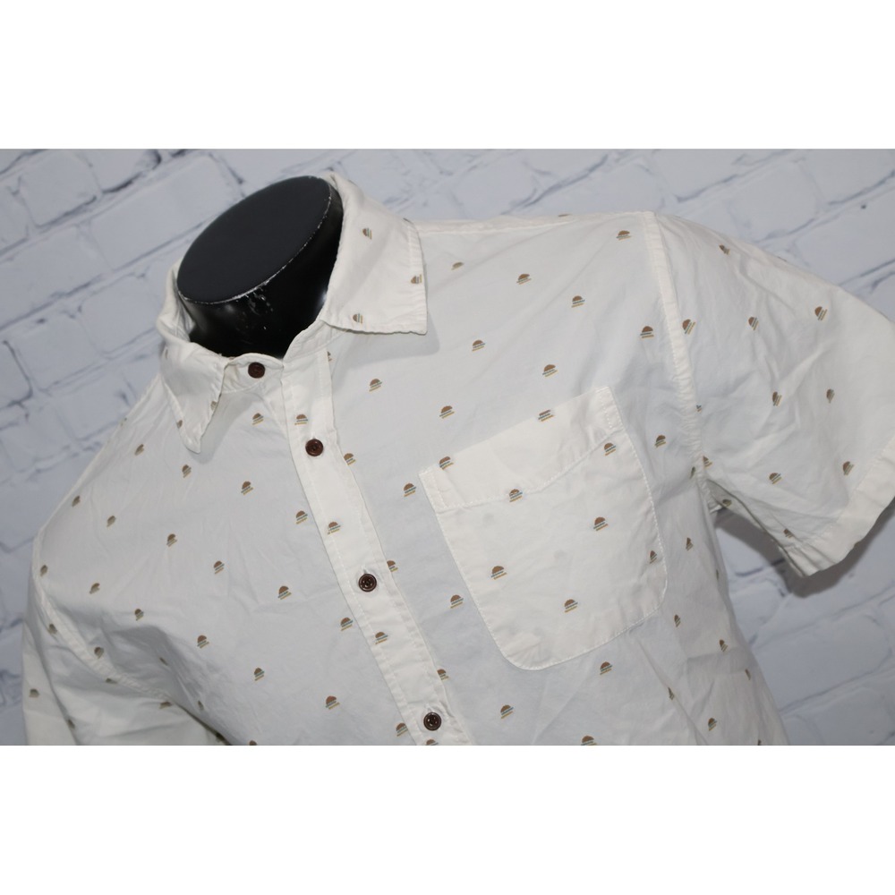 Katin Button Up Shirt Mens Large Off White Burger Print Short Sleeve Pocket